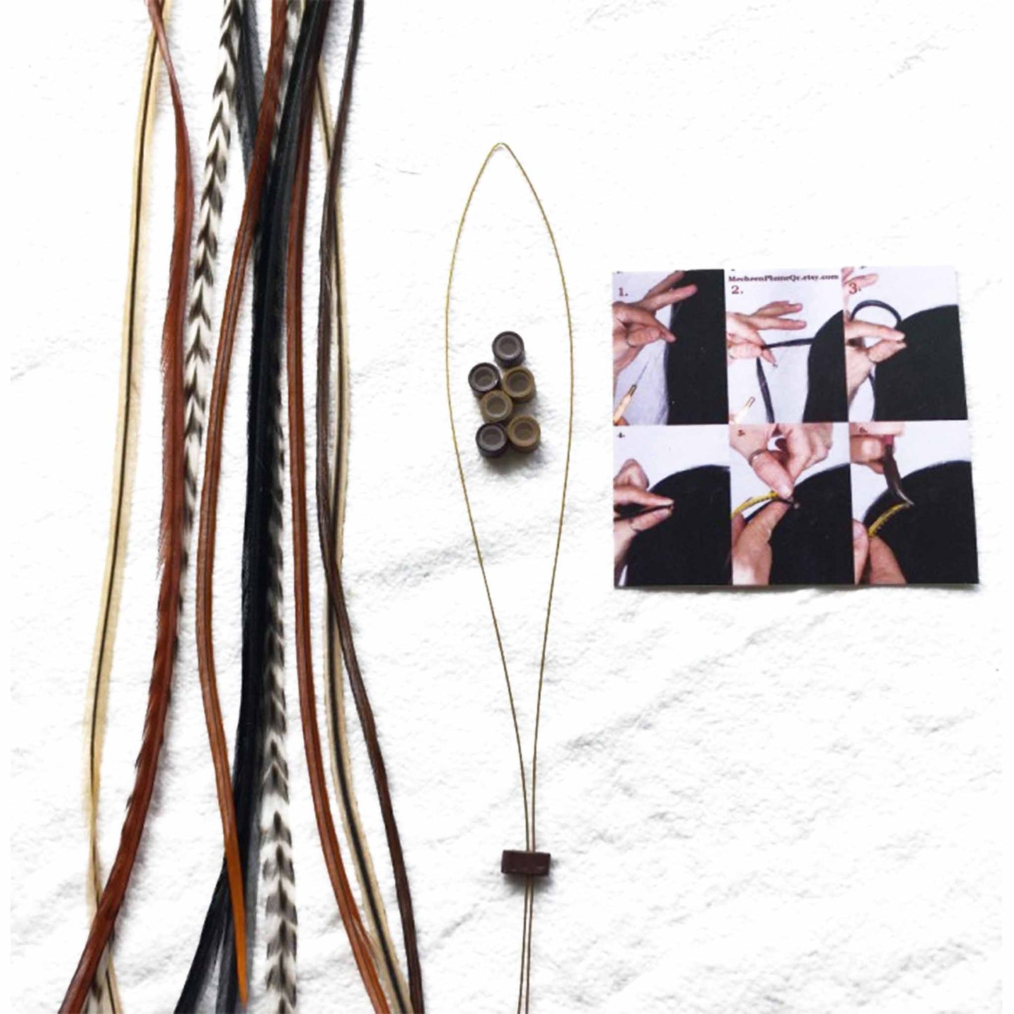 Feather extensions - treading tool - beads and instructions