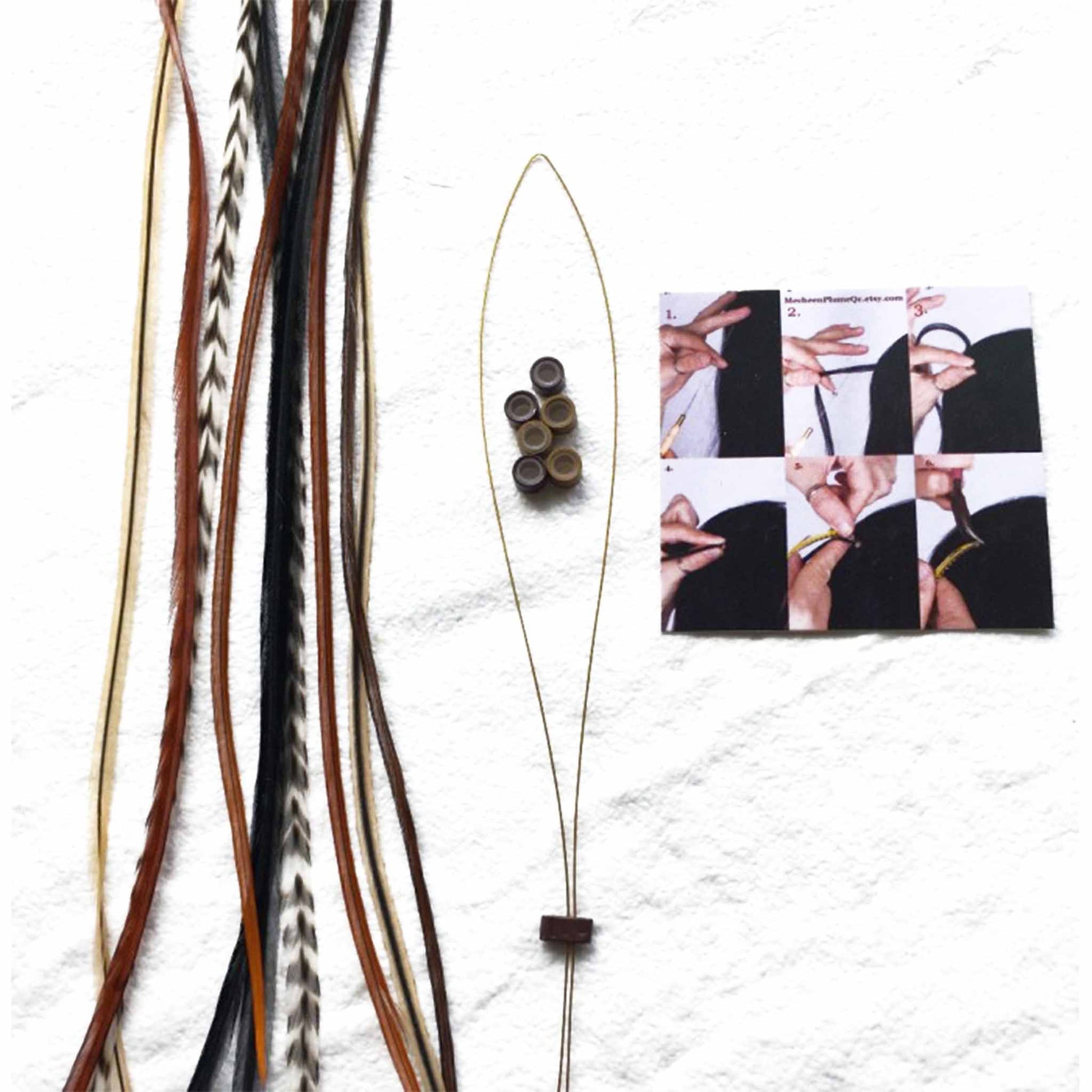 Feather extensions - treading tool - beads and instructions