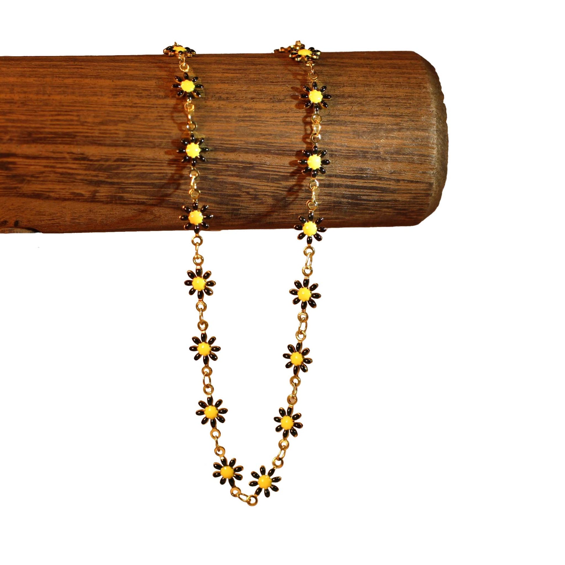 Necklace - Flowers - Black - Golden