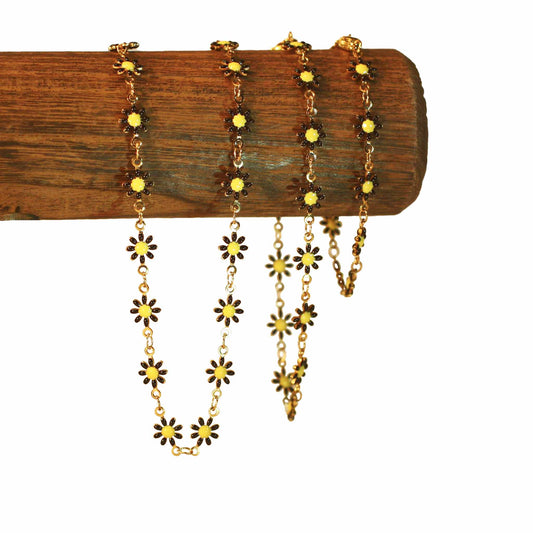 Trio necklace, bracelet, anklet - Flowers - Black - Golden
