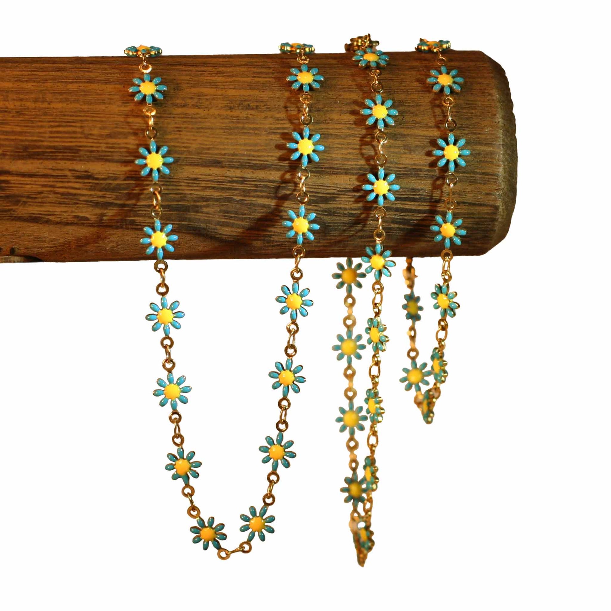 Trio necklace, bracelet, anklet - Flowers - Blue - Golden
