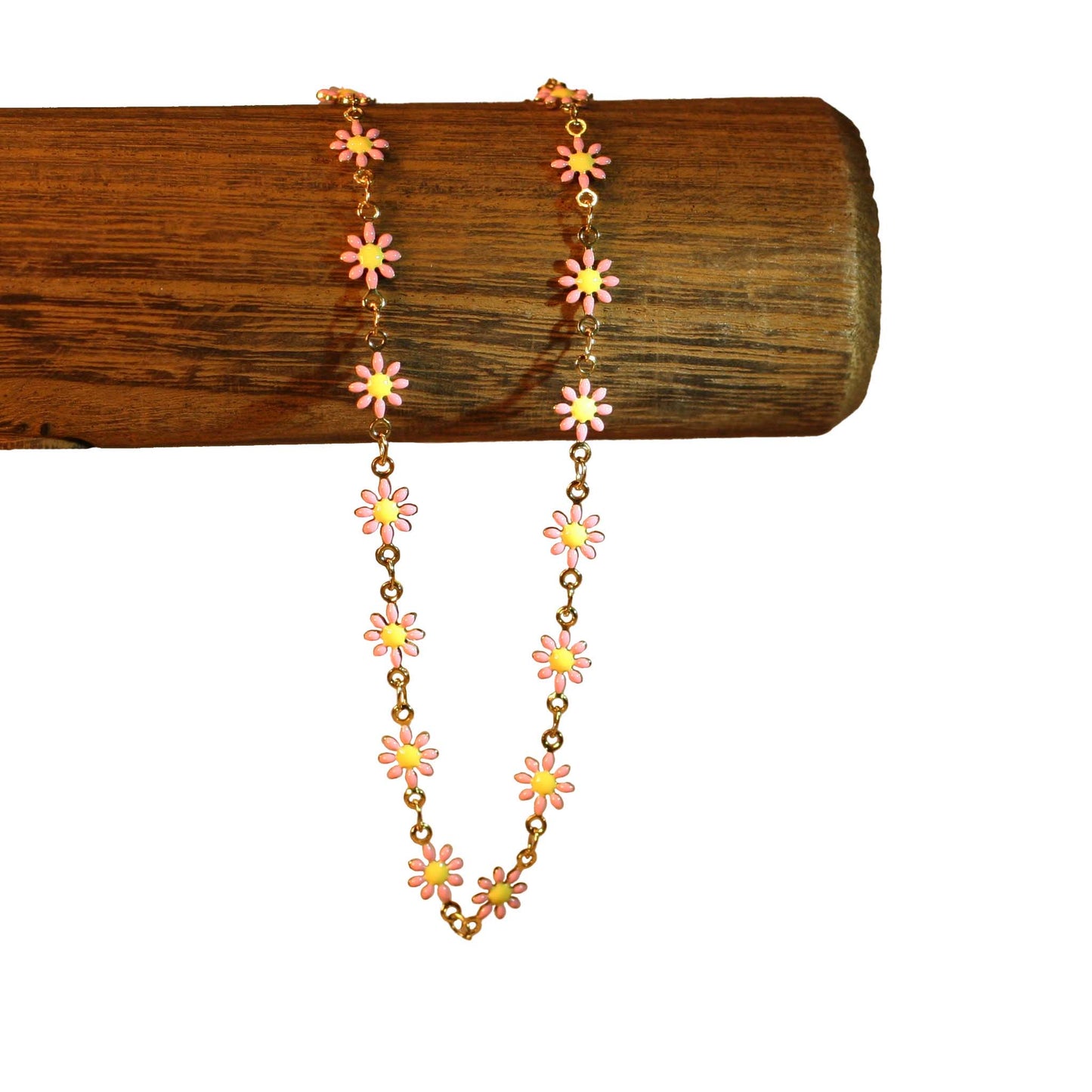 Necklace - Flowers - Pink - Golden