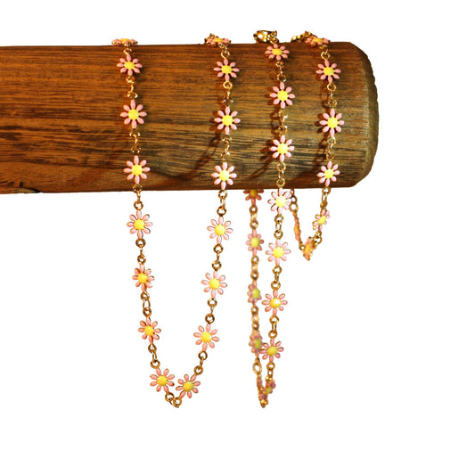 Trio necklace, bracelet, anklet - Flowers - Pink - Golden