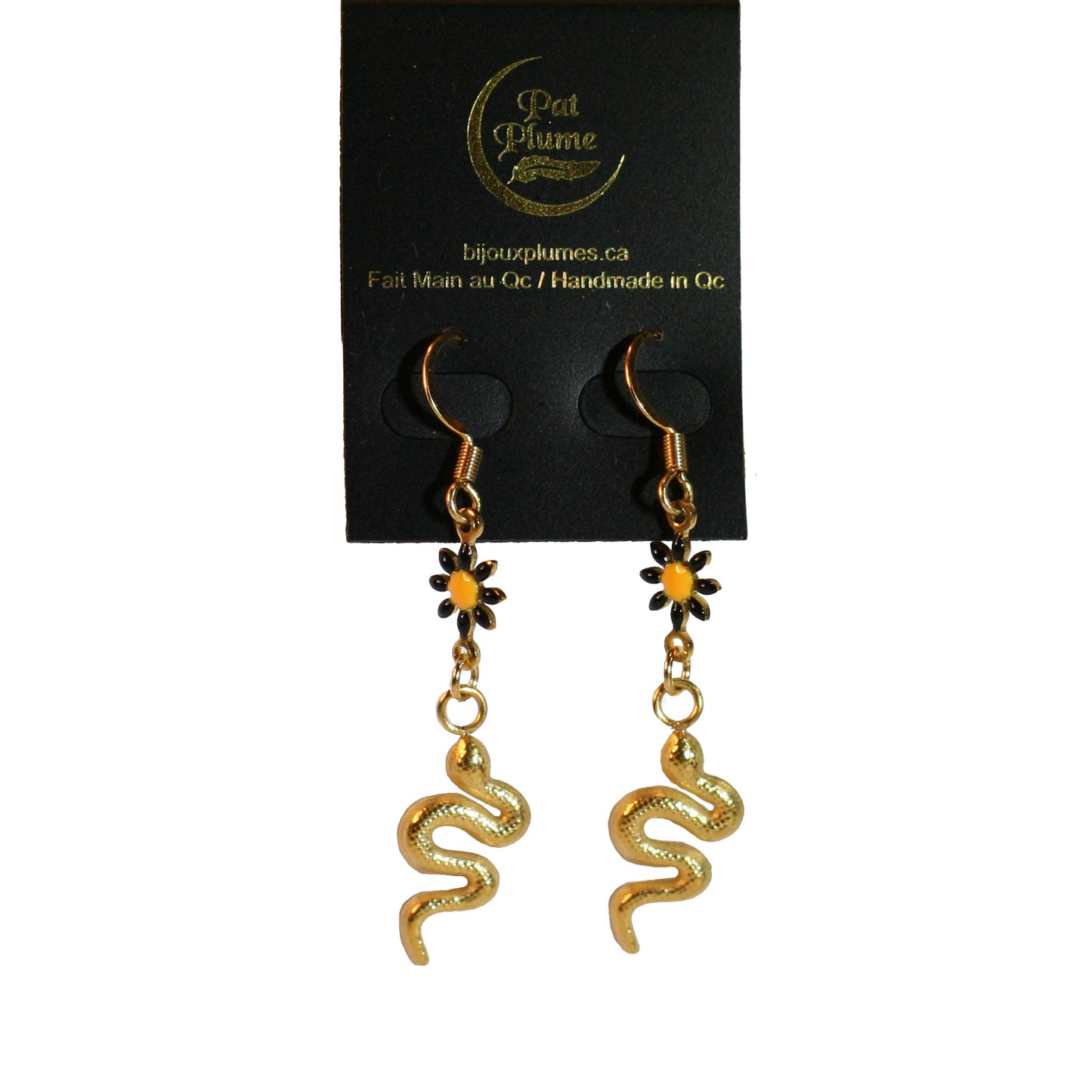 Earings - Flower | Black - Snake pendant - Golden