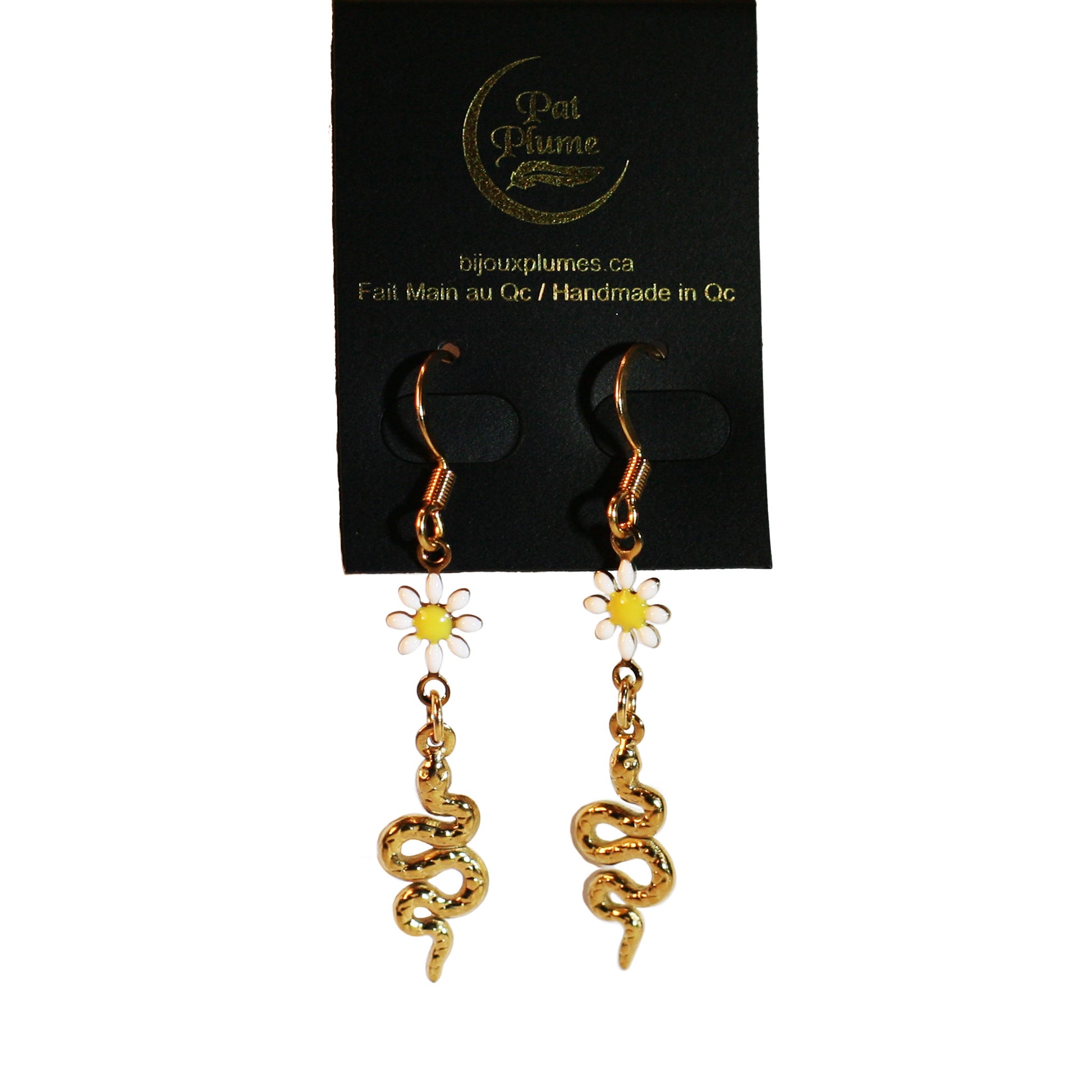Earings - Flower | White - Snake pendant - Golden