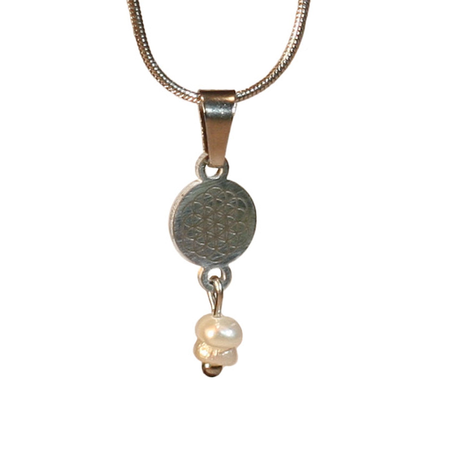 Necklace - Silvery round chain - Charm | Flower of life - Genuine Pearls