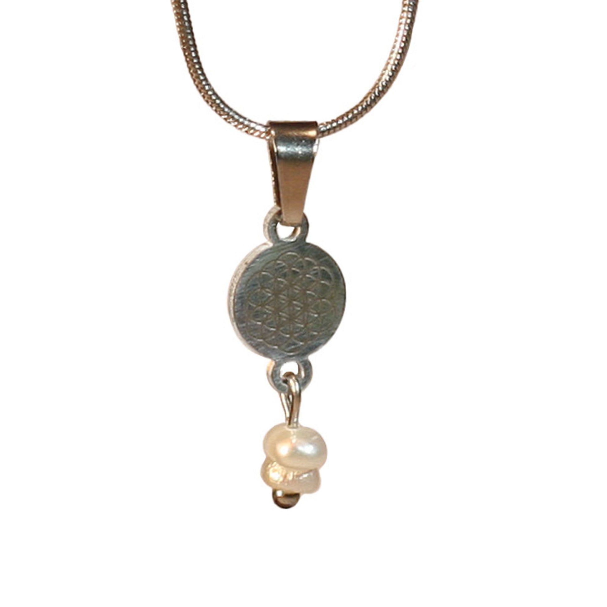 Necklace - Silvery round chain - Charm | Flower of life - Genuine Pearls