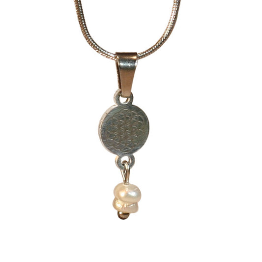 Necklace - Silvery round chain - Charm | Flower of life - Genuine Pearls