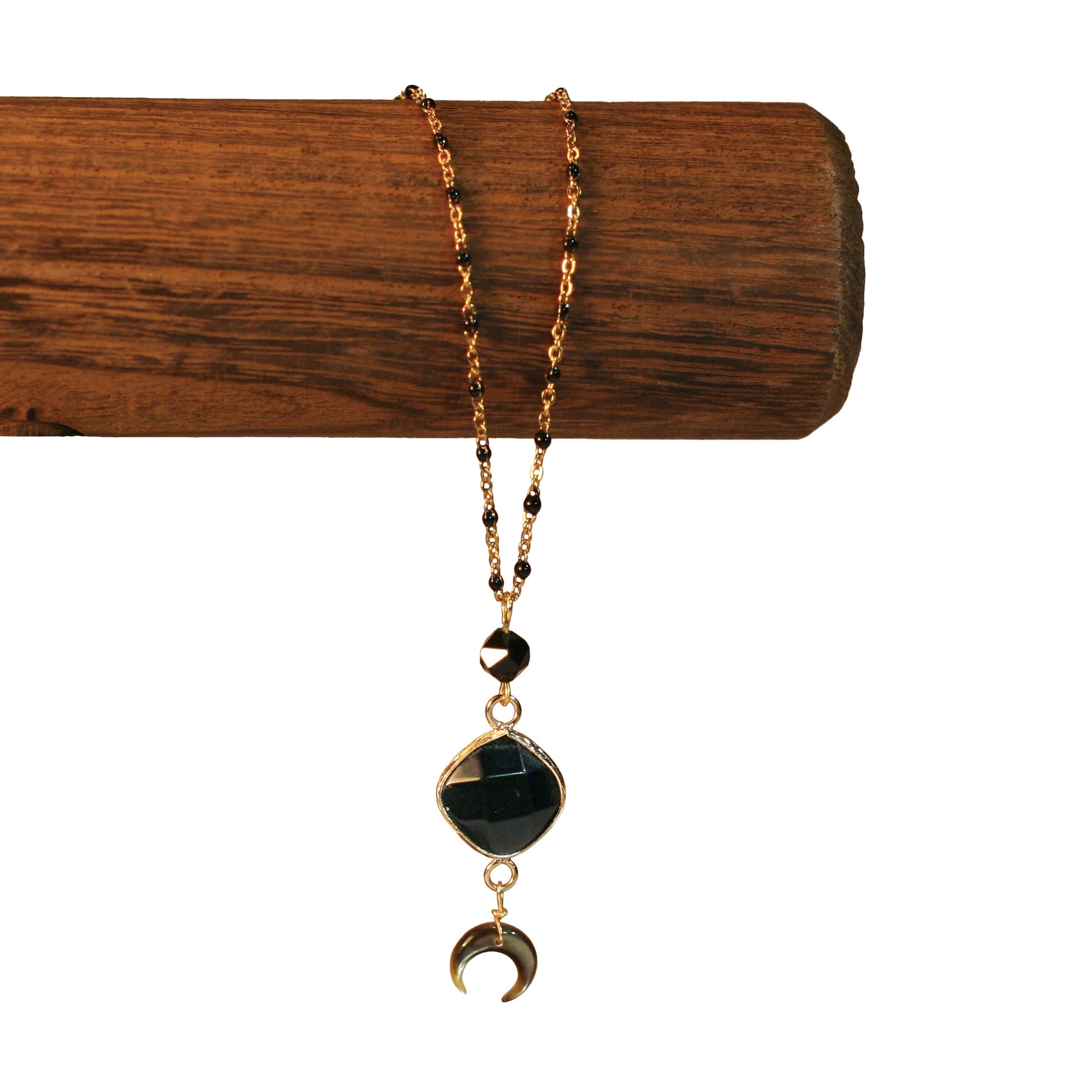 Necklace - Long Golden Rosary Chain - Gemstone | Onyx - Moon Mother of Pearl