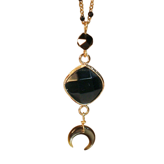 Necklace - Long Golden Rosary Chain - Gemstone | Onyx - Moon Mother of Pearl