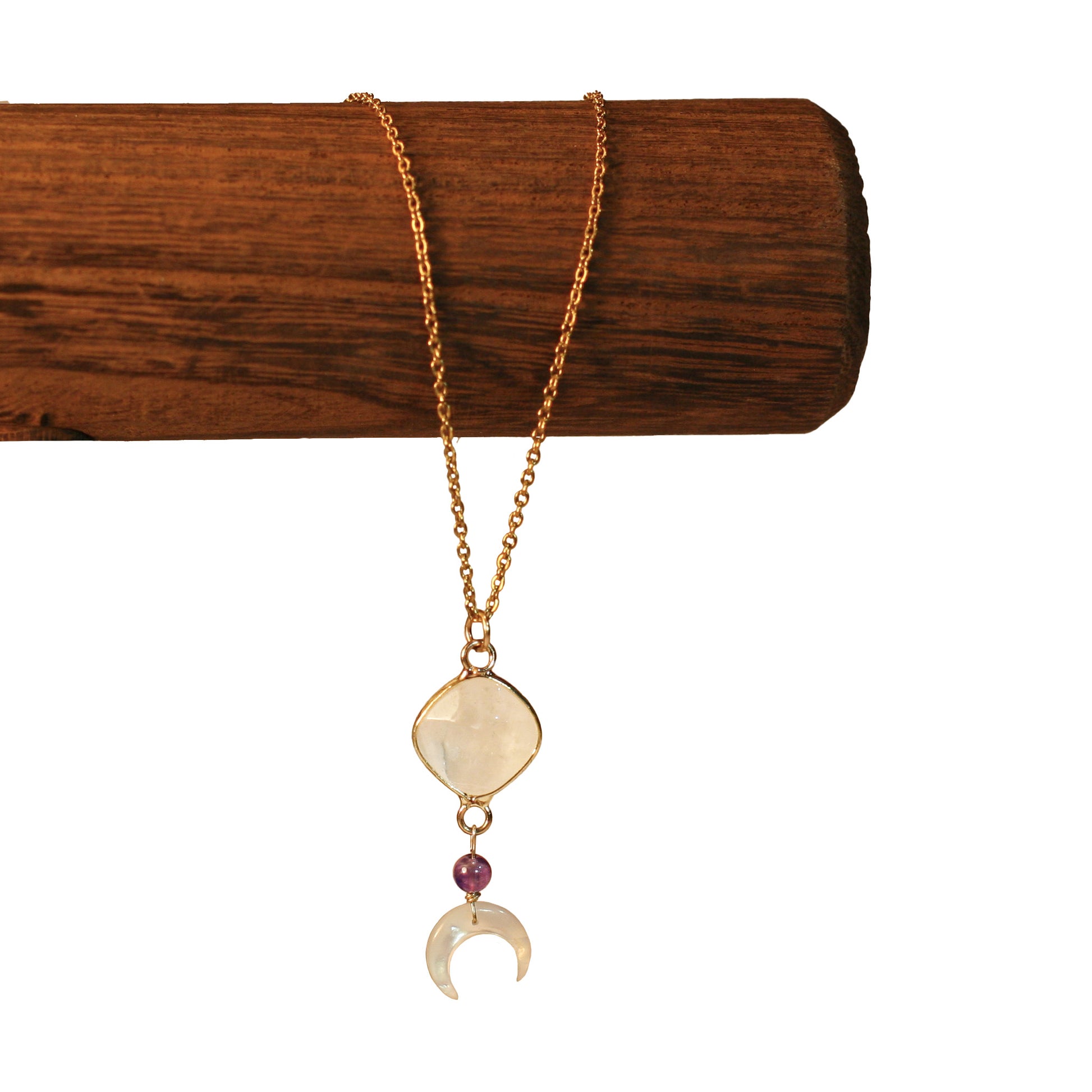 Necklace - Long Golden chain - Gemstone | Quartz - Ametyst - Moon Mother of Pearl