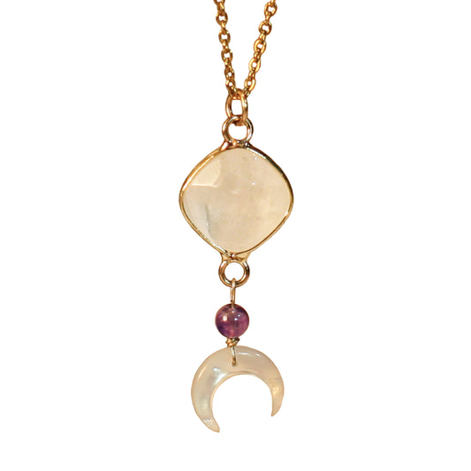 Necklace - Long Golden chain - Gemstone | Quartz - Ametyst - Moon Mother of Pearl