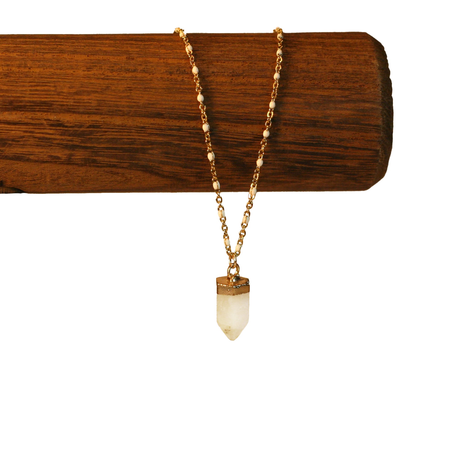 Necklace - Rosary Golden Chain | White - Gemstone | Quartz Prism