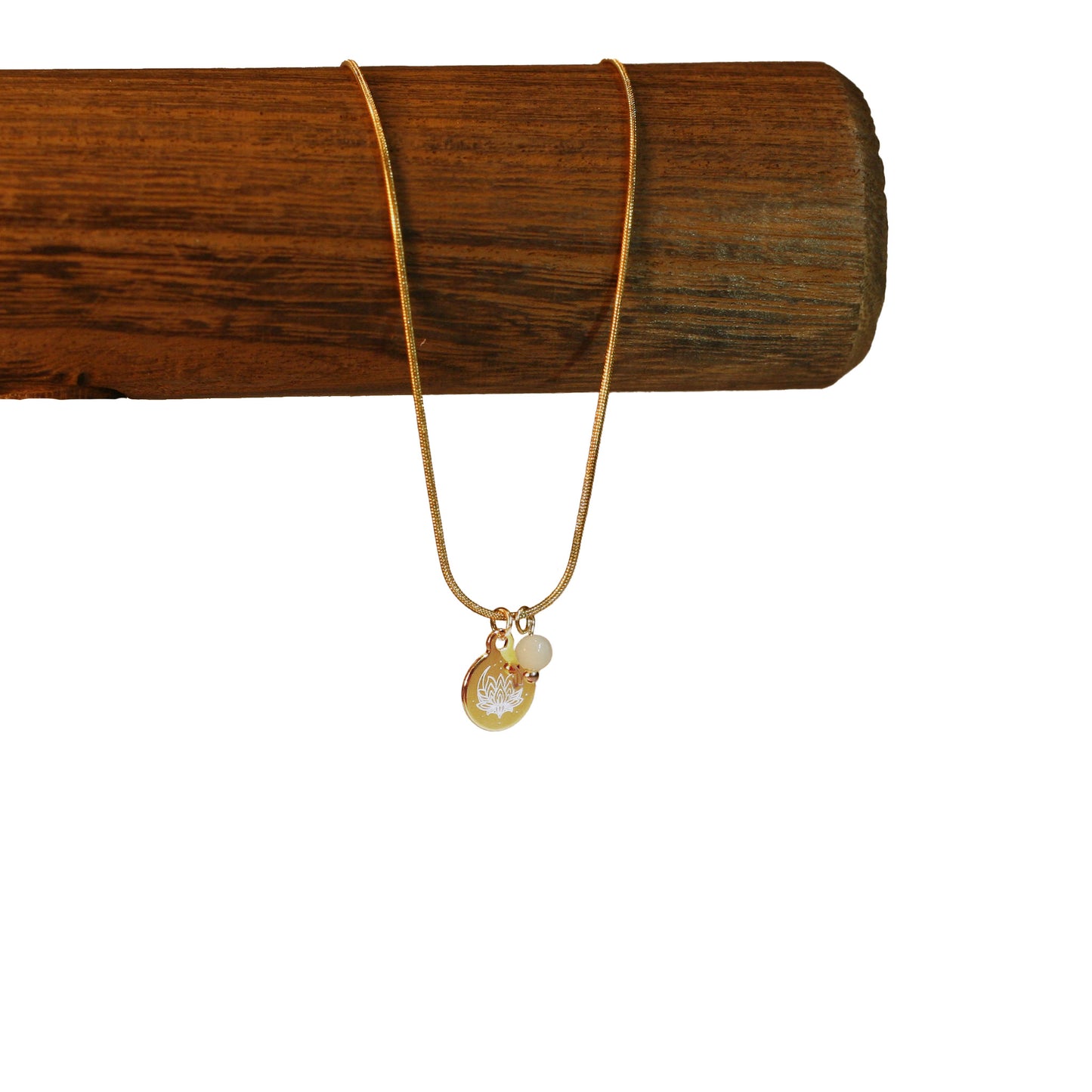Necklace - Round Golden Chain - Charm | Lotus Flower - Gemstone | Quartz
