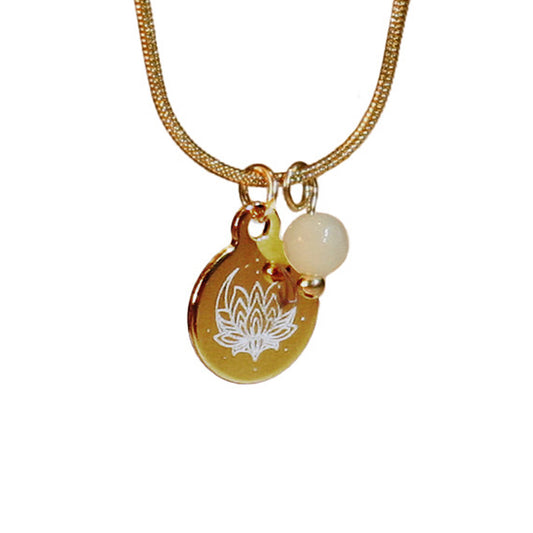 Necklace - Round Golden Chain - Charm | Lotus Flower - Gemstone | Quartz