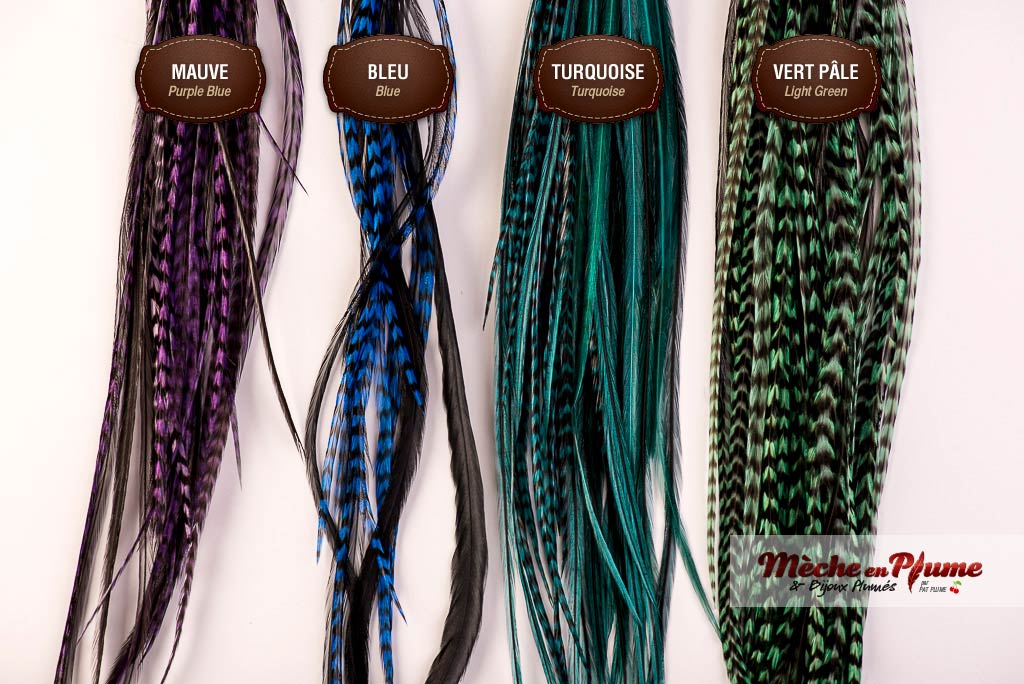 Feathers extensions - Purple, blue and green feathers - color chart