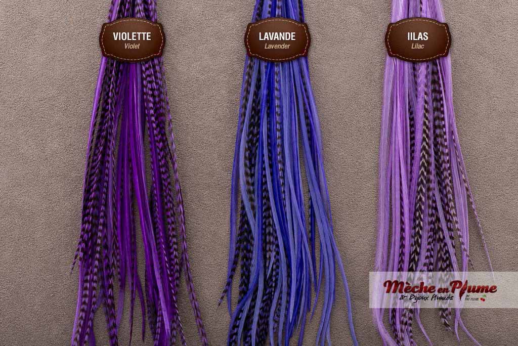 Feathers extensions - blue, purple and violet feathers - color chart
