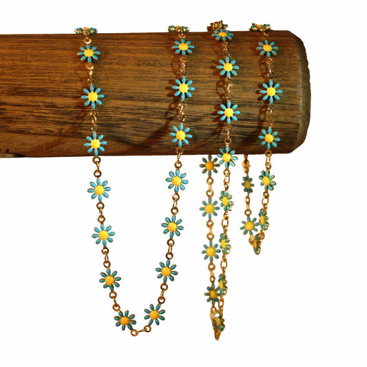 Trio necklace, bracelet, anklet - Flowers - Blue - Golden