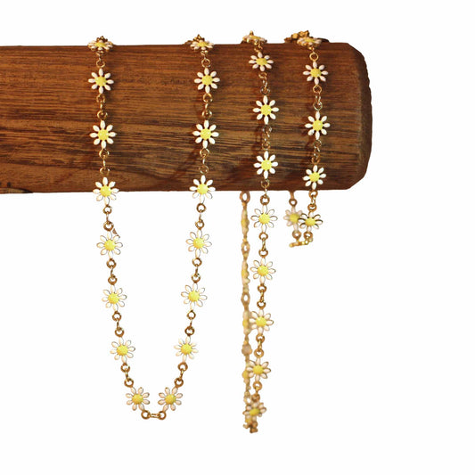 Trio necklace, bracelet, anklet - Flowers - White - Golden
