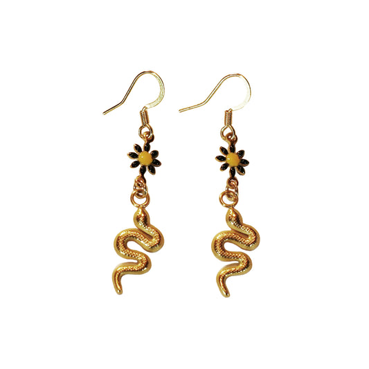 Earings - Flower | Black - Snake pendant - Golden