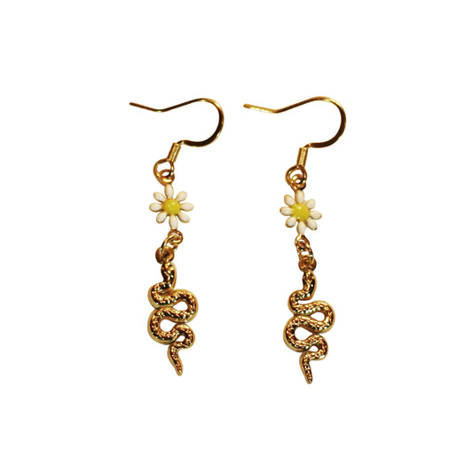 Earings - Flower | White - Snake pendant - Golden